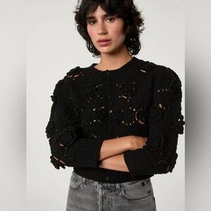 Rouje Nerina Textured 3D Floral Wool Short Knit Black Cardigan size 34 US 2 XS